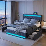 Kaheinimesevoodi 160 x 200 cm LED- ja USB-portidega - 4 sahtliga - linane - hall