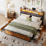 Kaheinimesevoodi 140 x 200 cm 4 sahtliga - peatsipea LED-valgusti ja panipaikadega - must