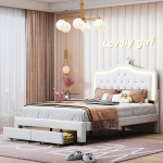 Polsterdatud voodi 140 x 200 cm 2 suure sahtliga, Crown lastevoodi, LED-valgustusega t&uuml;drukutele m&otilde;eldud voodi liistudest raami, seljatoe ja peatsiga, valge kunstnahk, ilma madratsita