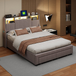 Kaheinimesevoodi, 160 x 200 cm, LED-valgustuse, USB-pordi ja 2 sahtliga, hall, linane