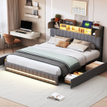 Kaheinimesevoodi, 140x190 cm, 4 sahtliga, LED ja USB, panipaigaga peatsipea, hall, linane