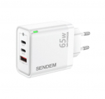 SENDEM GaN 65W USB-A + 2xUSB-C QC3.0, valge