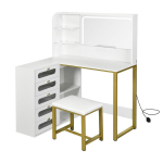 L-kujuline jumestuslaud LED peegli ja taburetiga modernne nurgas paiknev tualettlaud suure hoiuruumiga