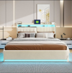 Kaheinimesevoodi 140 &times; 200 cm, LED-valgustusega, panipaigaga peatsiga, h&uuml;drauliliselt reguleeritav voodiraam, beež, samet