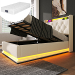 Pehme voodi 90x200 cm LED-valgusti, USB-C-pordi ja h&uuml;draulilise hoiukastiga, valge (madratsiga)