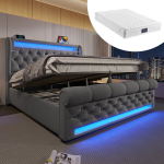 Pehme voodi 140x200 cm LED, USB ja C-t&uuml;&uuml;pi portidega, h&uuml;draulilise hoiukastiga, hall (madratsiga)