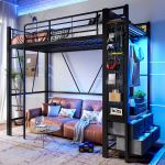 Hochbett 90x200 cm, metall, sahtlid, USB/LED, p&auml;&auml;steredel, must