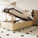 Puidust voodi 90x200 cm, h&uuml;drauliline, USB ja Type-C pesaga, riiulitega, ilma madratsita