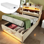 &Uuml;heinimese pehme voodi 360&deg; LED-valgustuse, USB ja h&uuml;draulilise hoiukastiga, linane kangas 90x200cm, madrats 1 tk
