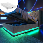 Pehme voodi 140x200 cm 360&deg; LED-valgustusega, USB-C h&uuml;draulilise hoiukastiga, hall, madratsiga 1 tk