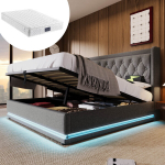 Kaheinimese polsterdatud voodi 160x200 cm, h&uuml;drauliline, linane, USB Type-C ja LED-iga, hall