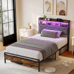 &Uuml;heinimesevoodi 90 x 200 cm, rakendusega juhitava LED-valgustusega, USB Type-C pistikuga, must, linane