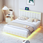 Voodi, 160 x 200 cm, liivakarva, linane kangas, h&otilde;ljuv, LED-valgustusega, 2 USB, reguleeritava peatsiga