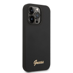 Guessi &uuml;mbris iPhone 14 Pro 6.1 GUHCP14LSLSMK must k&otilde;va&uuml;mbris silikoonist Vintage Gold logo jaoks