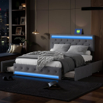 Kaheinimesevoodi 160 x 200 cm, polsterdatud voodi LED-tulede, USB-pordi ja 4 sahtliga, teismelistele ja t&auml;iskasvanutele, hall linane, madrats ei kuulu komplekti
