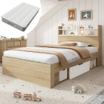 &Uuml;he kohaga voodi 90x200, valge/tamm, 2 sahtlit, madratsiga, 1 tk