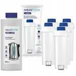 AquaFloow komplekt kohvimasinale: 5x veefilter + 500 ml vee pehmendaja, &uuml;hilduv Delonghi toodetega.