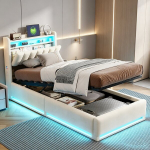 Voodi 90&times;200cm, LED-valgusti, USB-pordi ja h&uuml;draulilise hoiustamisfunktsiooniga, &uuml;heinimesevoodi, sametmaterjal, beež.