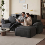 Modulaarne L-kujuline nurgadiivan magamisfunktsiooniga, 3 seljatuge ja 4 patja, kordvelvetkangas, kokkupanekut ei vaja, tumehall