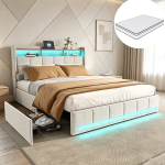 Voodi, 140 &times; 190 cm, LED-valgustuse ja USB-pordiga, 4 sahtliga, madrats komplektis, linane materjal, beež