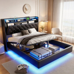 Voodi 140&times;200cm, LED- ja USB-laadimisfunktsioonidega, h&uuml;draulilise hoiuruumiga, vedrustusefektiga, PU-materjalist, must.