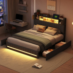 Kaheinimesevoodi 140x200 cm, polsterdatud voodi LED-valgustuse, USB-liidese ja 4 sahtliga, peats esemete hoiustamise kohaga