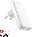 Fikseeritud reisilaadija, &otilde;huke GaN, kahe USB-C v&auml;ljundiga ja vahetatavate adapteritega 45 W Valge
