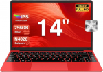 Notebook 14 tolli Win 11 Celeron N4020 s&uuml;learvuti 256gb Ssd toetab 1tb Ssd laiendust, t&auml;ismetall, 1080p, Bt 4.2, mini Hdmi ja juhtmevaba hiir, klaviatuuri kile - punane