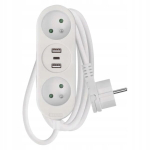 Emos pikendusjuhe 2 m 2 pesa + 2 &times; usb a + 1 &times; usb c valge pvc 1 mm2 emos p0212u