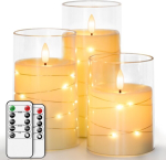 Salipt led k&uuml;&uuml;nlad klaasis, leegita k&uuml;&uuml;nlad liikuva leegiga, elektrilised k&uuml;&uuml;nlad puldiga, 3 k&uuml;&uuml;nla komplekt taimeriga, l&auml;bim&otilde;&otilde;t 7.6 cm, k&otilde;rgus 10.2 12.7 15.3 cm - fairy lights white