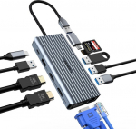 Ylsci usb c dokkimisjaam, 12 in 1 usb c hub, 2xhdmi, vga, ethernet, 100w pd, 3x usb 3.0, usb 2.0, sd/tf kaardilugeja, audio/mic &uuml;hilduv windows 10,8,7,xp/mac os/linuxiga
