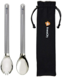 245 mm pikk titaanist spork pika k&auml;epideme ja titaanist lusikaga, pikk spork ja pika lusika kauss on poleeritud, et anda suule m&otilde;nus sile tunne, kaasas veekindel kangast &uuml;mbris