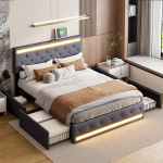 Voodi 180 &times; 200 cm, Varustatud 4 sahtliga, Peatsiga LED-valgustus ja USB-pesa, linane, tumehall