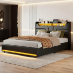 H&uuml;drauliline voodi 140 x 200 cm USB ja LED-tulega, PU, ​​must