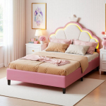 T&uuml;drukute voodi 90x200cm reguleeritava LED-peatsiga, &uuml;heinimesevoodi, kaheinimesevoodi, printsessivoodi, noortevoodi, roosa samet