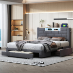 Voodi 160x200cm LED ja USB-portidega - 3 sahtliga - samet - hall