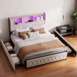 Pehme voodi 140x200 cm 4 sahtliga, LED-valgustuse ja USB-laadimisega, samet, beež