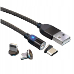 Magnetiline laadimiskaabel 2m, 3 adapterit (usb-c, Microusb, Lightning)