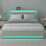 Kaheinimesevoodi 140 x 190 cm, polsterdatud voodi LED-valgustuse, USB-pordi ja 4 sahtliga teismelistele ja t&auml;iskasvanutele, beež linane