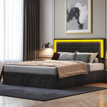 Voodi 160 x 200 cm, LED-valgustuse ja hoiukastiga, must, samet