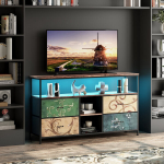 TV-kapp LED-valgustusega ja 4 v&auml;rvilise kangast sahtliga modernne televiisorilaud hoiustamiss&uuml;steemiga