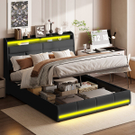 Kaheinimesevoodi 160x200 cm, polsterdatud voodi LED-valgustusega, PU, ​​​​must, ilma madratsita