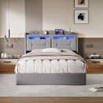 Polsterdatud voodi LED, USB-C, peatsi hoiuruumi ja h&uuml;draulilise mehhanismiga 140x190 cm, lina, helehall