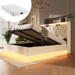 Polsterdatud voodi 160x200 cm, 360&deg; LED, USB C, PU, h&uuml;drauliline, madratsiga, valge
