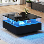 LED-kohvilaud 70x70x41cm kahe sahtli ja l&auml;bipaistva lauaplaadiga, kandev&otilde;ime kuni 30kg