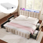Polsterdatud voodi 160x200 cm, LED, USB, 4 sahtliga, h&uuml;drauliline, puidust liistudega, beež v&auml;rv, madratsiga