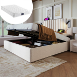 Polsterdatud voodi 160x200 cm, USB-laadimisega, sahtlitega, LED, ilma madratsita, beež