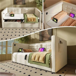 Polsterdatud diivan 90x200 cm, h&uuml;drauliline, USB/Type-C, samet, beež