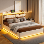 Voodi 160x200cm h&uuml;draulilise hoiustamisfunktsiooniga - LED ja USB-ga - samet - Beež
