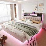 Pehmete polstrite voodi LED, USB, 160x200 cm, beež, 1 tk